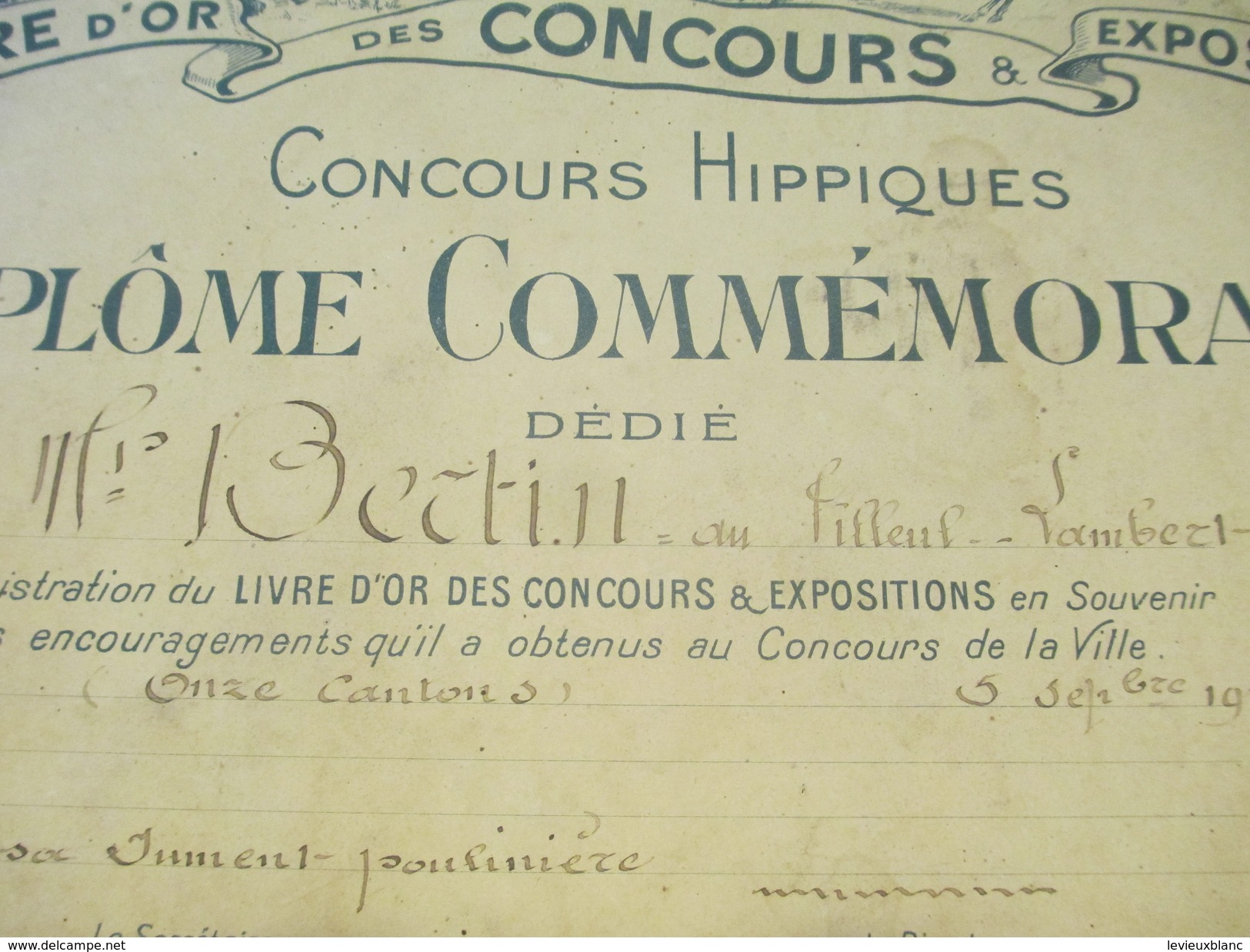 Diplôme Commémoratif/Concours Hippiques/Livre D'Or Des Concours& Expositions/BERTIN / Tilleul-Lambert/Eure/1910 DIP149 - Diploma & School Reports
