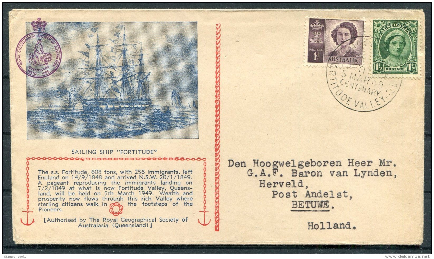 1949 Australia S.S. FORTITUDE Ship Cover. Fortitude Valley, Queensland. Royal Geographical Society Of Australasia - Covers & Documents