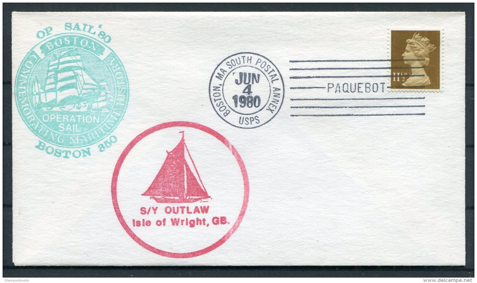 1980 GB S/Y OUTLAW, Isle Of Wright Sailing Ship Cover. Boston Operation Sail '82 PAQUEBOT - Covers & Documents