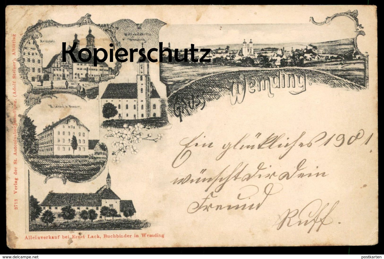 ALTE LITHO POSTKARTE GRUSS AUS WEMDING MARKTPLATZ WALLFAHRTSKIRCHE WILDBAD Ansichtskarte Cpa AK Postcard - Wemding