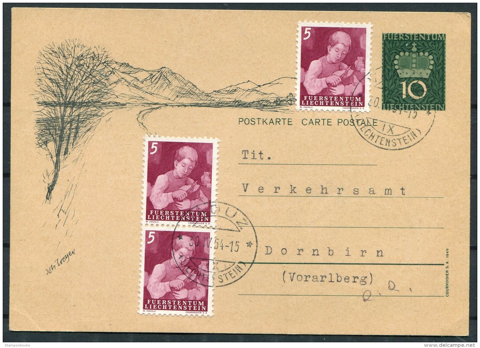 1954 Liechtenstein Uprated Stationery Postcard Vaduz - Dornbirn, Vorarlberg - Covers & Documents