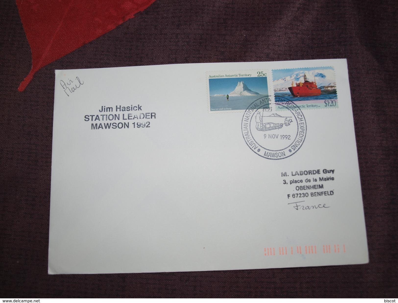 Mawson 9 11 1992 Cachet Station Leader Enveloppe Ayant Voyagé - Lettres & Documents