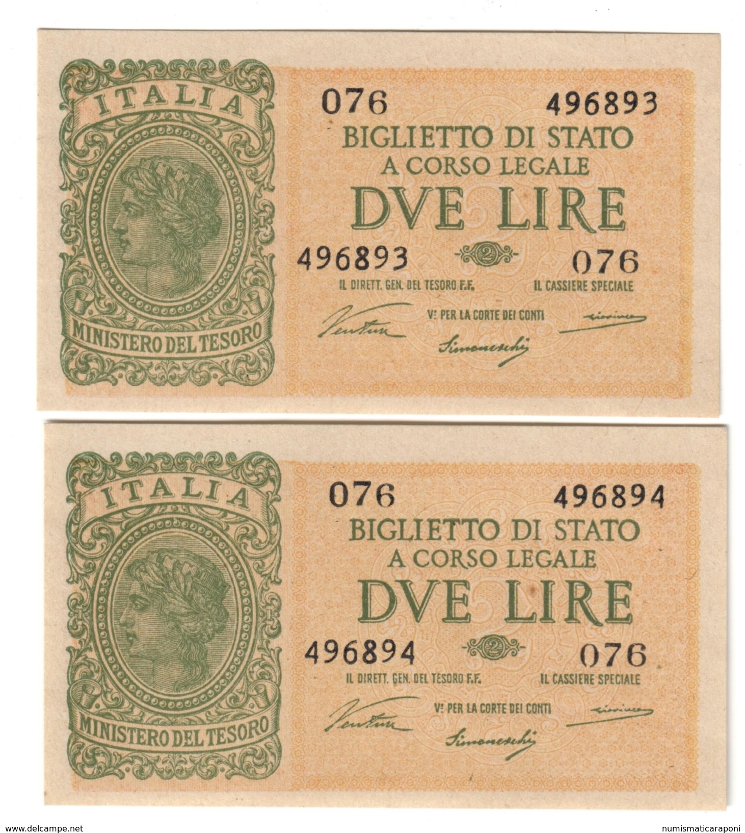 2 Lire Italia Laureata 1944 Ventura Fds 2 Esemplari Consecutivi Lotto 1442 - Italia – 2 Lire