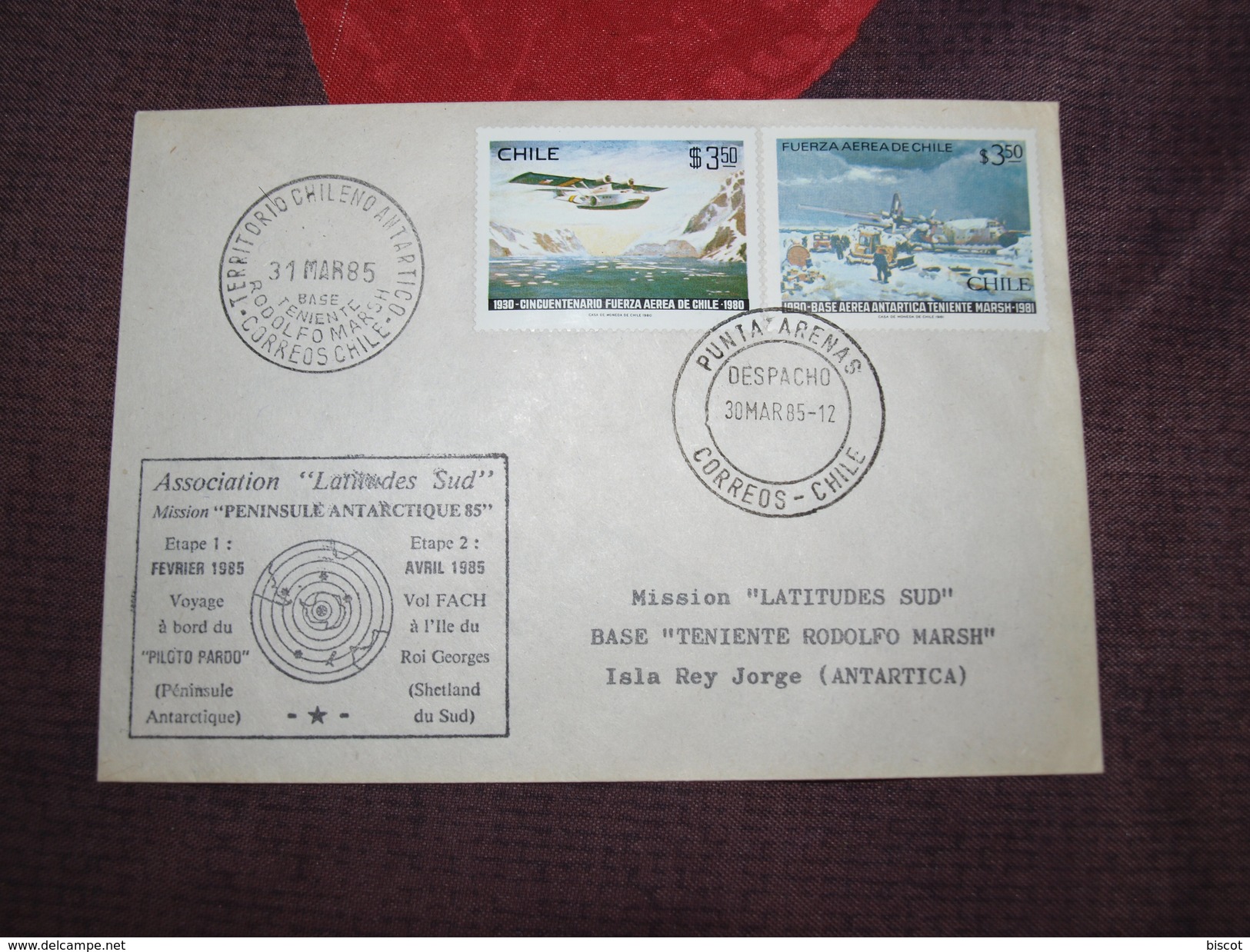 2 Enveloppes Base Chilienne Teniente March 1985 ( Une Avec Cachet Base Artigas Uruguay) - Antarctische Expedities