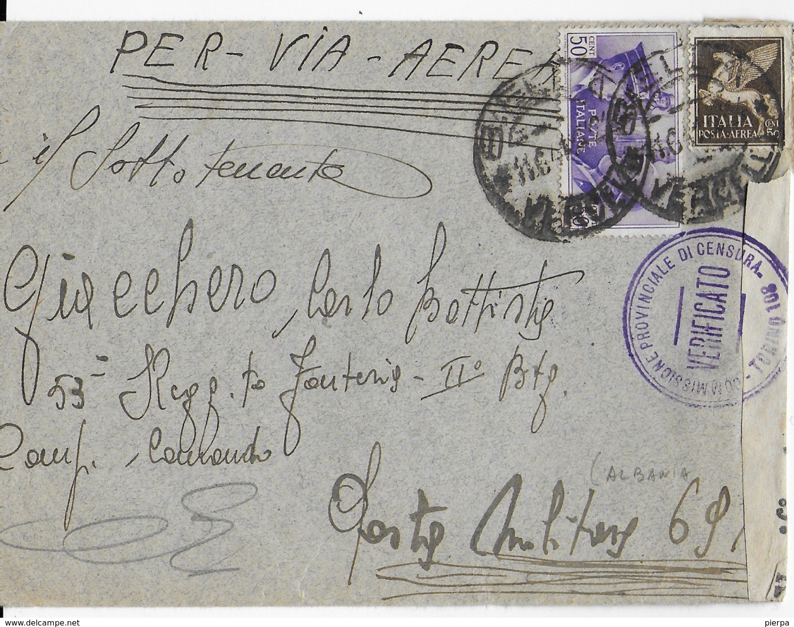 STORIA POSTALE REGNO - BUSTA PER VIA AEREA DA BIELLA A MILITARE PM69 (ALBANIA) ANNULLO E FASCETTA CENSURA DI TORINO 108 - Marcophilie (Avions)