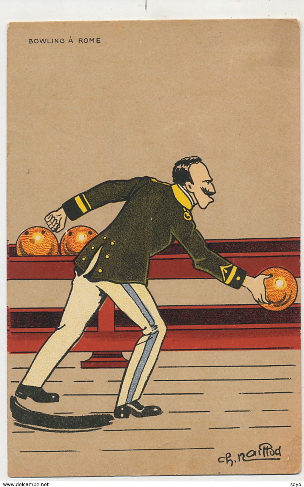 Art Card Bowling Signed Ch. Naillod Bowling à Rome King Emmanuel II Playing Satirical - Boliche