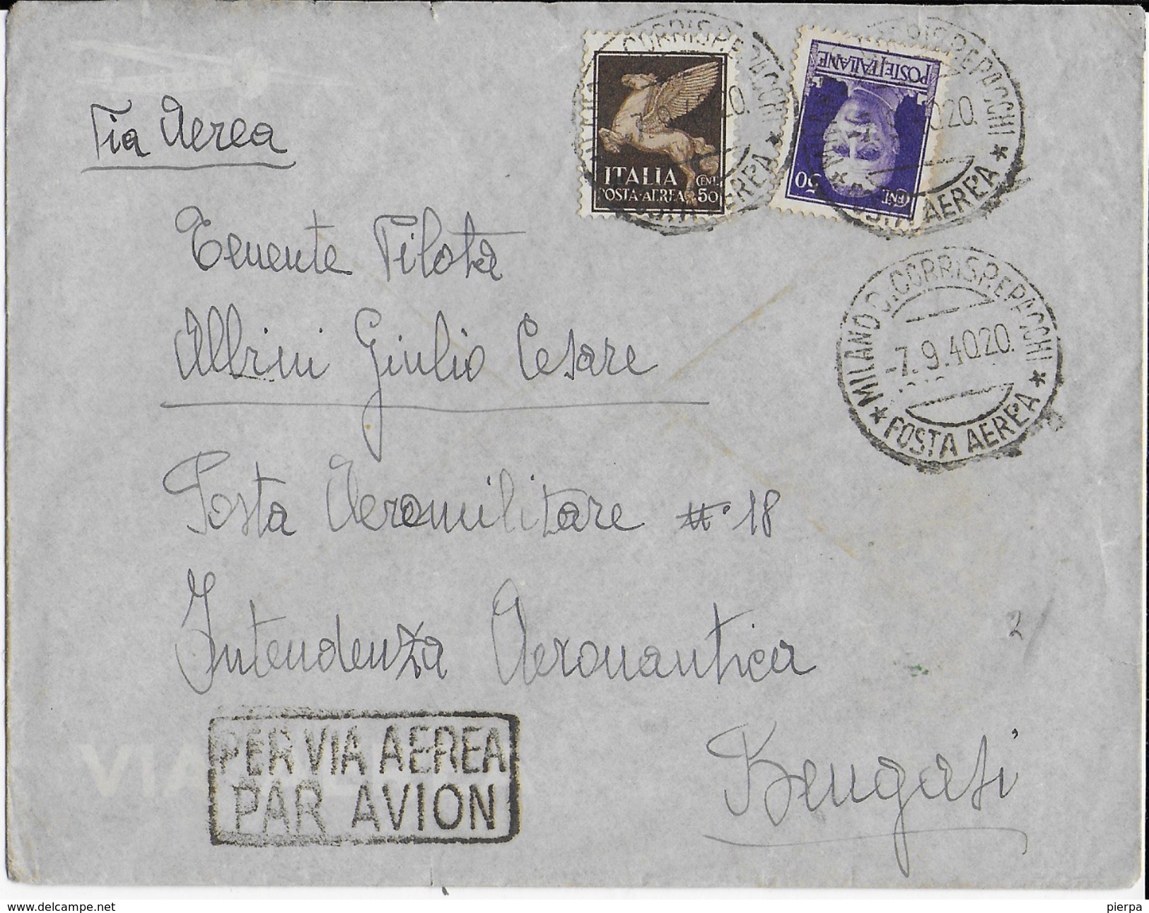 STORIA POSTALE REGNO - BUSTA PER VIA AEREA DA MILANO A PILOTA MILITARE LIBIA 1940 - Marcophilie (Avions)