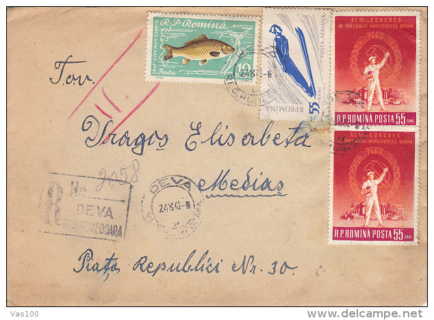 CARP FISH, SKIING, WORKER'S PARTY, STAMPS ON REGISTERED COVER, 1962, ROMANIA - Covers & Documents