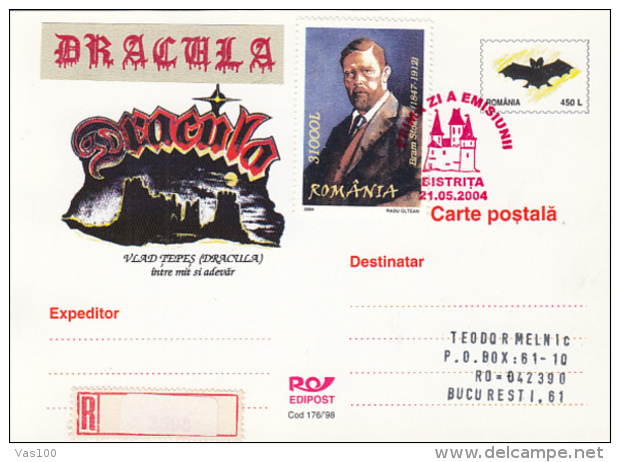 LEGENDS, DRACULA, VLAD THE IMPALER, CASTLES, REGISTERED  PC STATIONERY, ENTIER POSTAL, OBLIT FDC, 2004, ROMANIA - Märchen, Sagen & Legenden