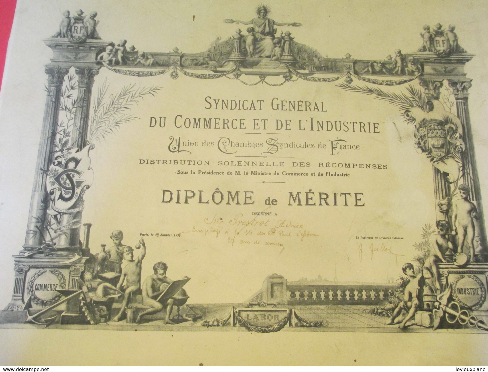 Diplôme De Mérite/ Synd. Gén. Du Commerce Et De L'Industrie/Union Des Chambres Syndicales De Fr /PRESTROT/1938    DIP153 - Diploma & School Reports