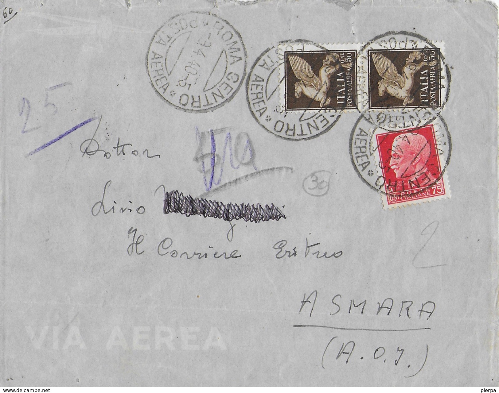 STORIA POSTALE REGNO - BUSTA PER VIA AEREA DA ROMA AD ASMARA 1940 - Marcophilie (Avions)