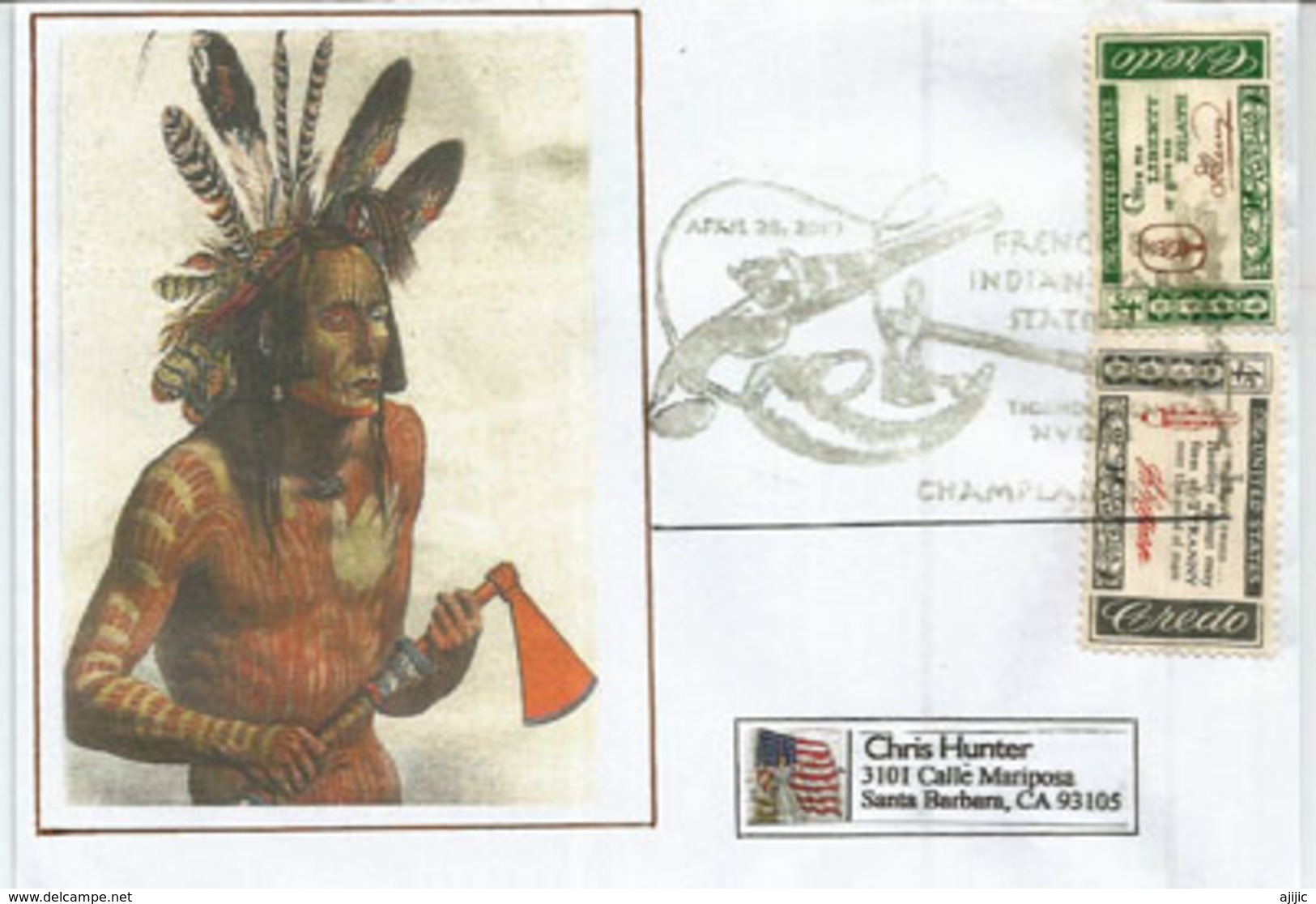 French Indian War (1754&ndash;1763) Belle Lettre De Champlain (N-Y),  Adressée Californie - American Indians