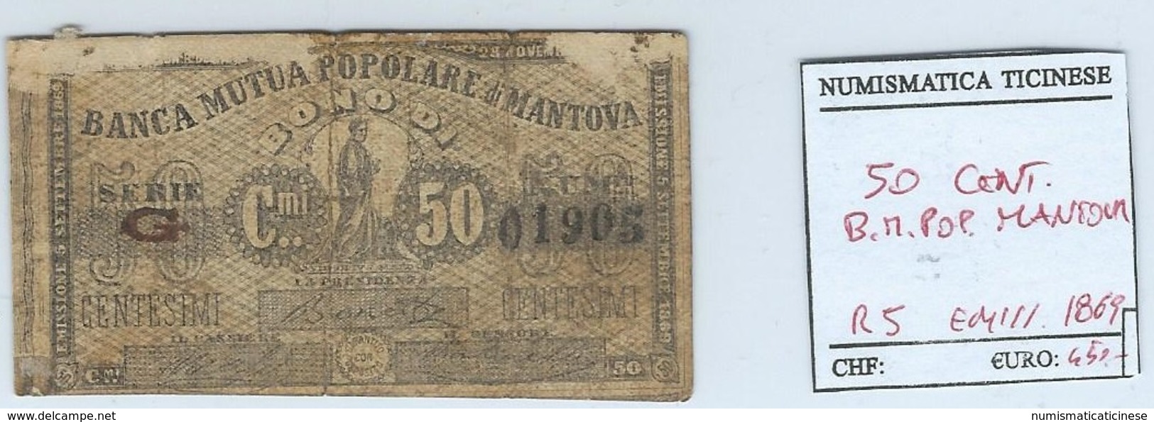 BONO PER 50 CENTESIMI -BANCA MUTUA POPOLARE DI MANTOVA - MONETAZIONE DI EMERGENZA   1869 - RARITA' 5- SPED. GRATUITA - Other & Unclassified