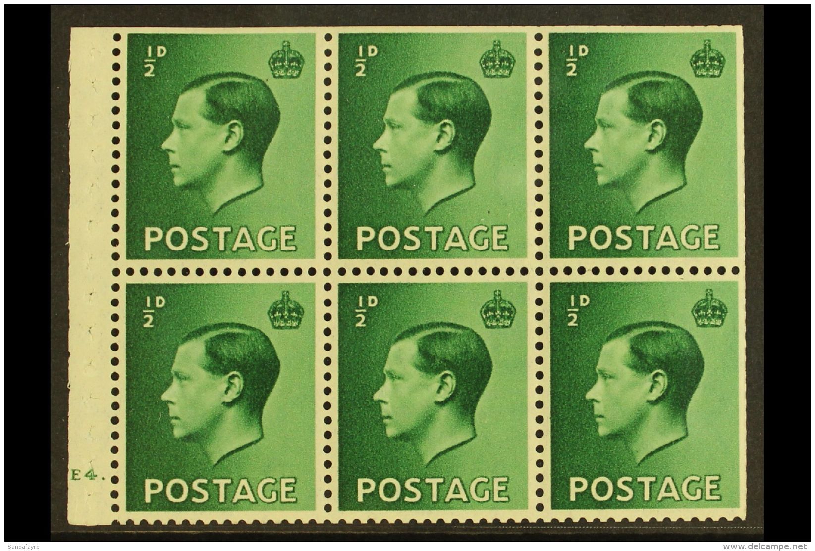 BOOKLET PANE 1936 &frac12;d Green Cylinder Booklet Pane, SG Spec PB1, Cylinder "E4 - Dot", Perforation Type B4(I),... - Non Classificati