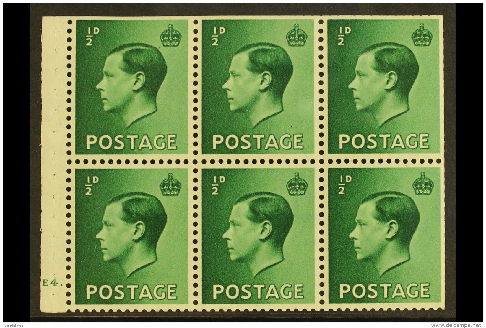 BOOKLET PANE 1936 &frac12;d Green Cylinder Booklet Pane, SG Spec PB1, Cylinder "E4 - Dot", Perforation Type B4(I),... - Non Classés