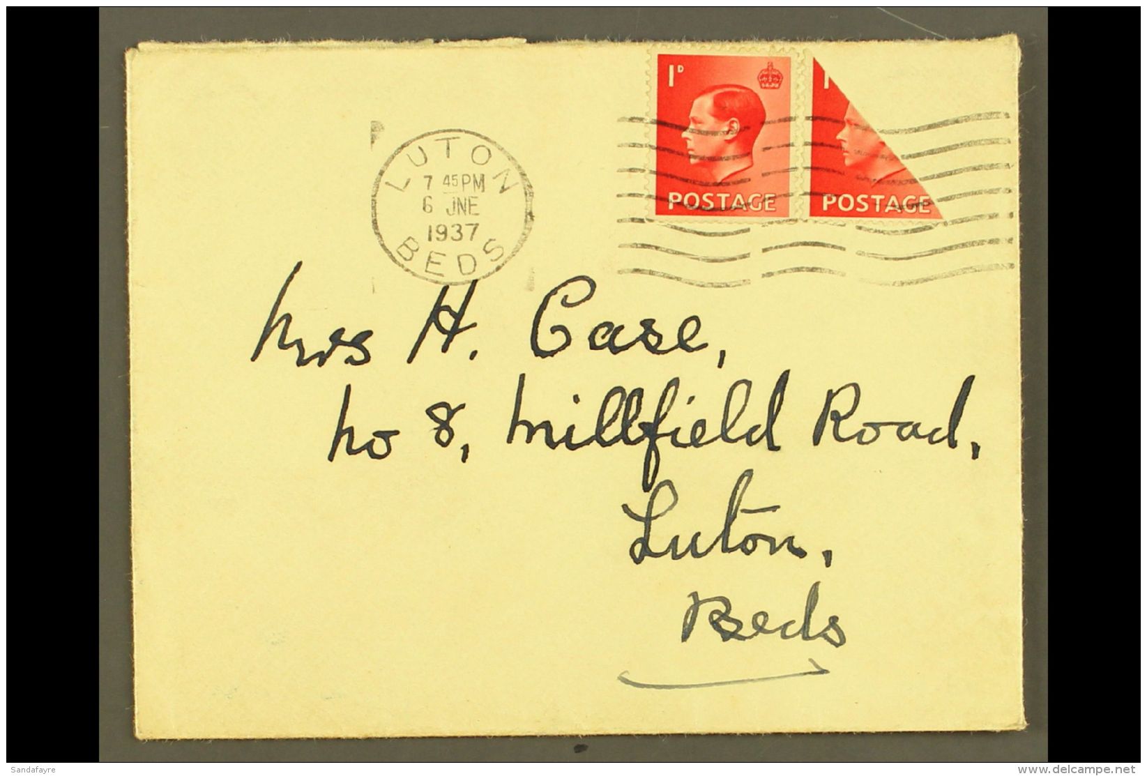 1937 Cover Franked With KEVIII 1d Plus 1d DIAGONAL BISECT To Make 1&frac12;d Rate, Luton 6.6.37 Machine Cancel And... - Ohne Zuordnung