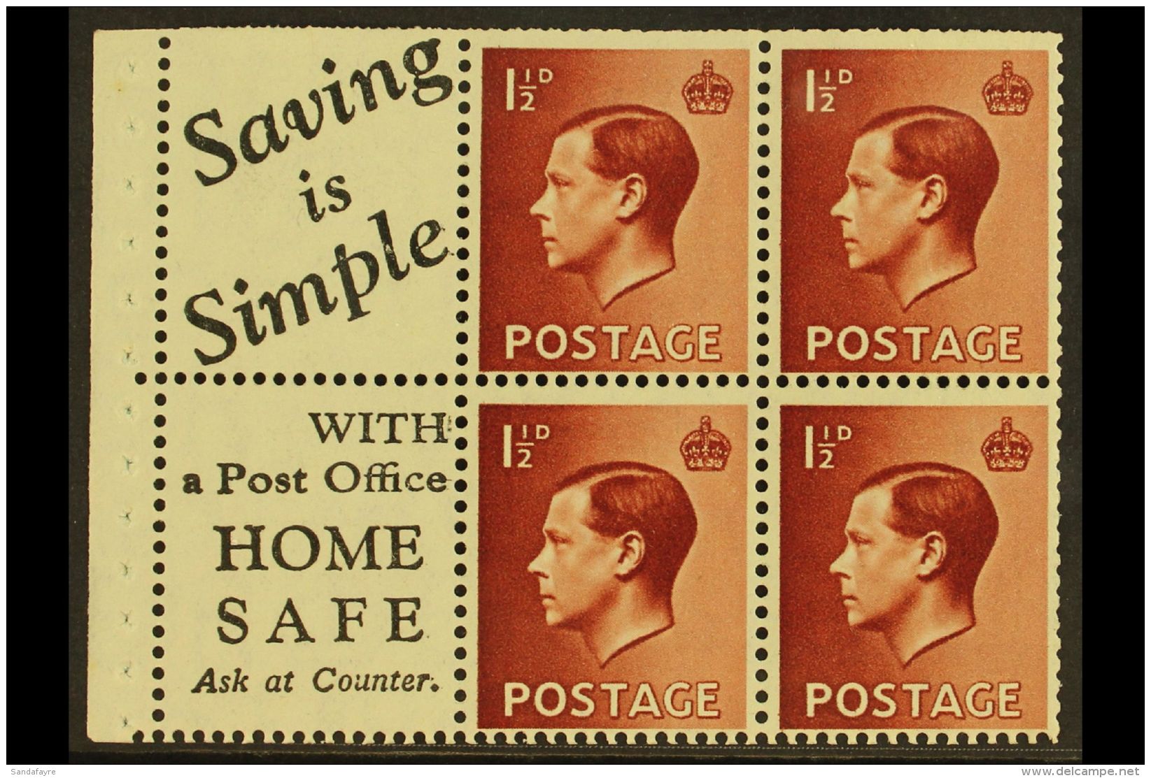 1936 BOOKLET PANE &amp; ADVERTISING LABEL 1&frac12;d Red-brown Upright Watermark, GB Spec PB5 (perf Type E)... - Non Classés