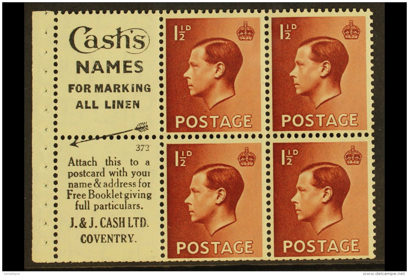 1936 BOOKLET PANE 1&frac12;d Red-brown Upright Watermark, GB Spec PB5 (perf Type I) Complete Pane With Selvedge, 4... - Non Classés