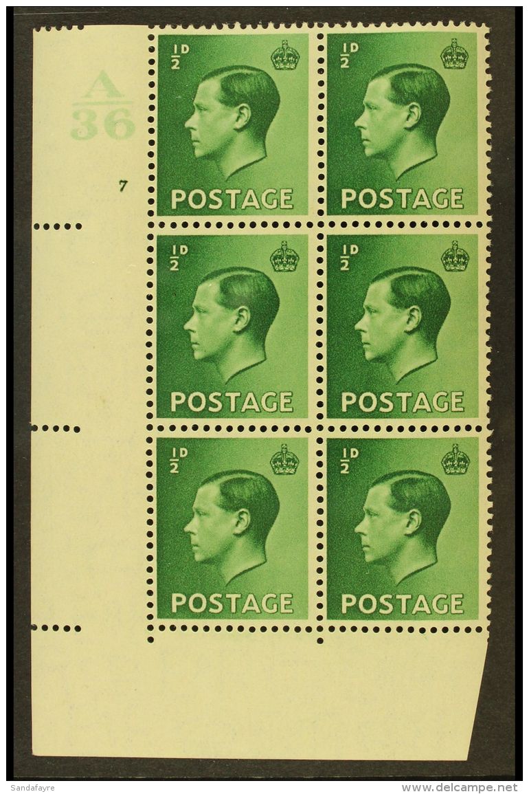 1936 &frac12;d Green, Control A36, Cylinder 7, No Dot, Control Block Of 6 With Perforation Type 2 (I/E), SG 457,... - Non Classificati