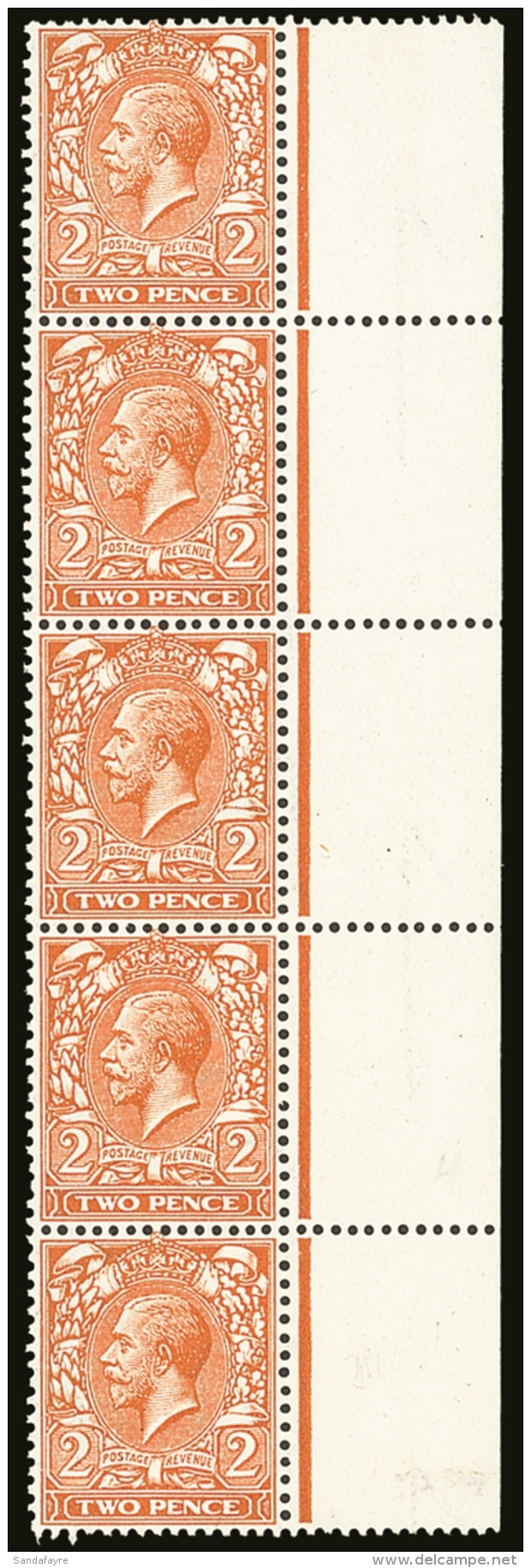 1912 2d Orange Vertical Strip Of 5 With Right- Side Sheet Margin, The Stamps With Complete "POSTAGE" Watermark... - Non Classificati