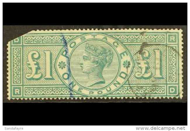 1887-92 &pound;1 Green, SG 212, Used "spacefiller" With Good Colour, NW Corner Clipped For More Images, Please... - Autres & Non Classés