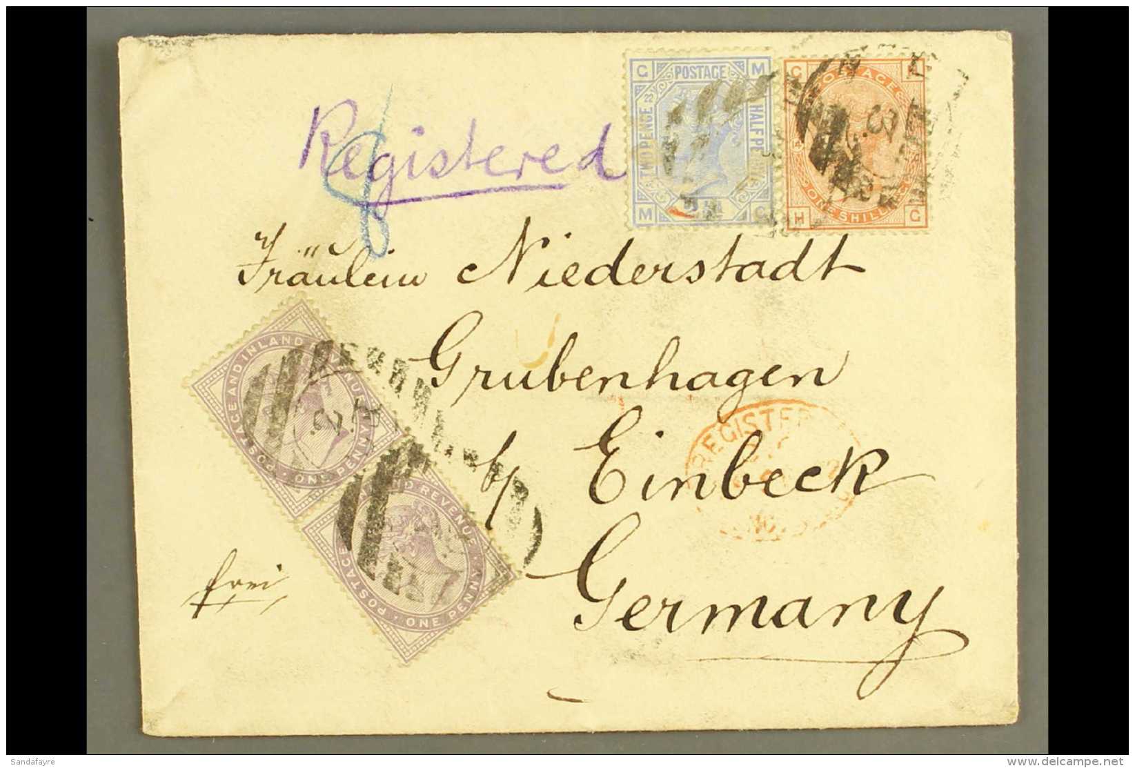 1882 REGISTERED COVER TO GERMANY Bearing 1881 1s Orange-brown Plate 14, SG 163, Plus 2&frac12;d Blue Plate 22 And... - Autres & Non Classés