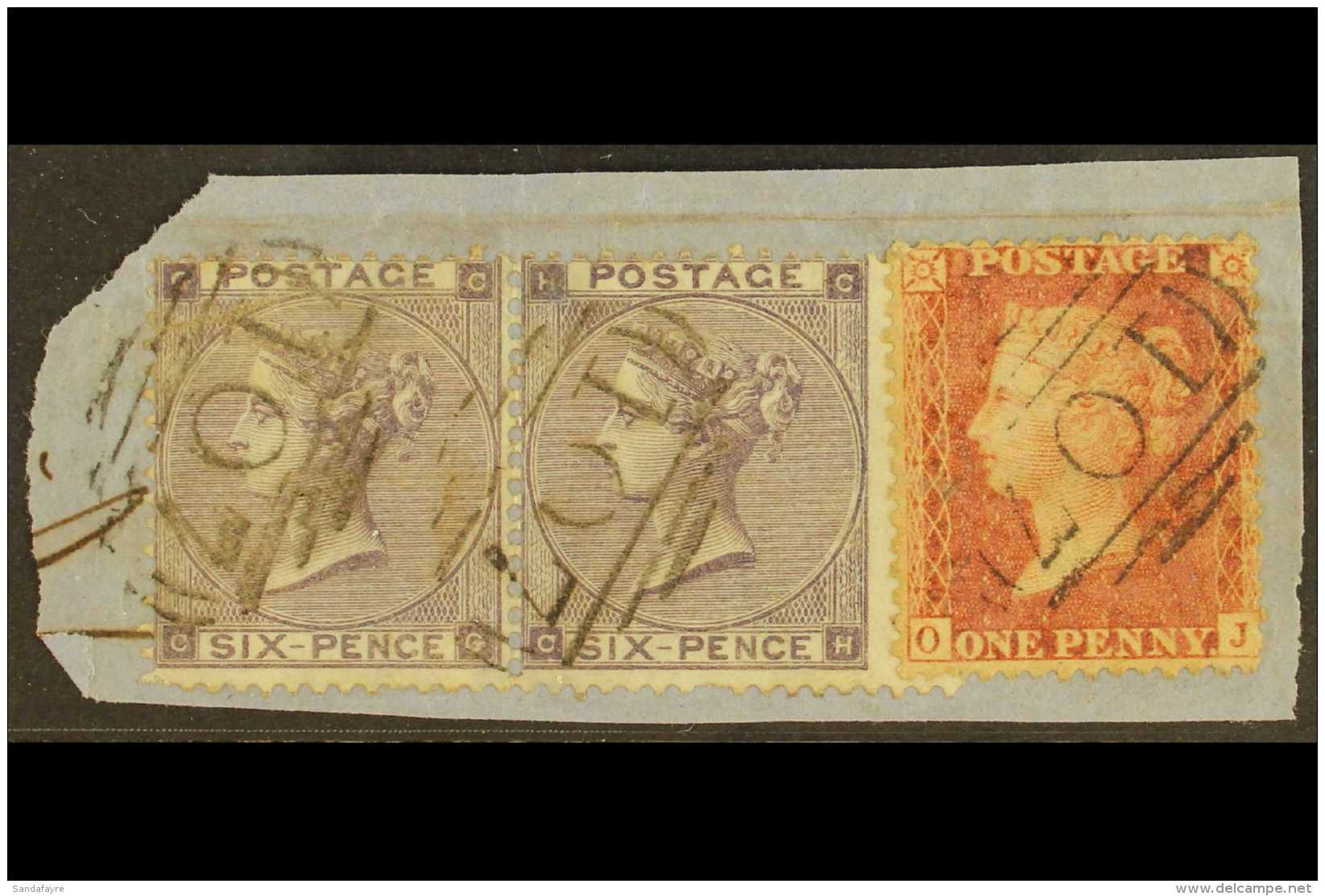1862 6d Deep Lilac PAIR + 1856 1d Red, All Tied To Piece By Pretty Little Numeral Pmks, SG 83, 83 + 40. For More... - Altri & Non Classificati