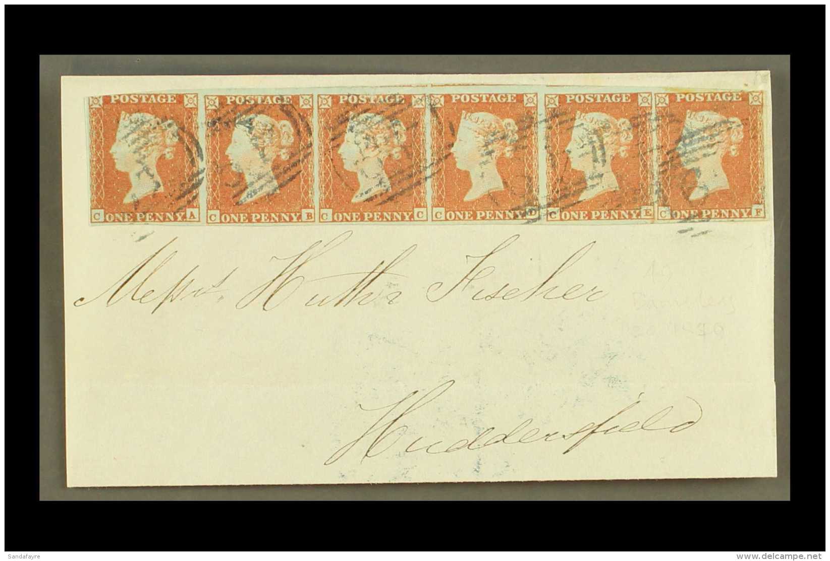 1849 (13 Dec) Part Cover To Huddersfield Bearing 1d Red Imperf STRIP OF SIX Tied By "49" (Barnsley) Cancels In... - Autres & Non Classés