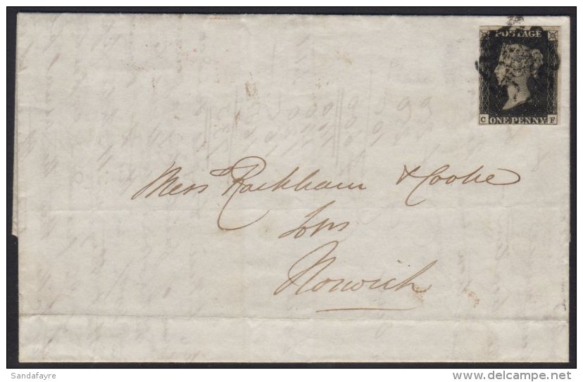 1841 1d BLACK Plate 5, Lettered 'CF' 3&frac12; Good Margins Tied To A Neat 1841 (march) Entire, London To Norwich... - Non Classificati