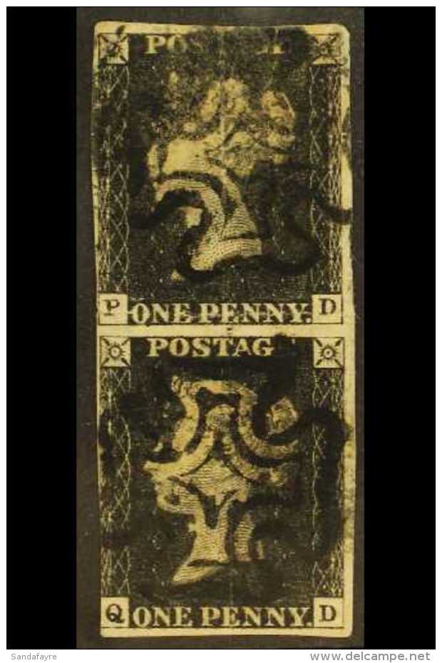 1840 1d Black, SG 2, Plate 8, VERTICAL PAIR Check Letters "P - D &amp; Q - D" Three Clear Margins (touching At... - Non Classés