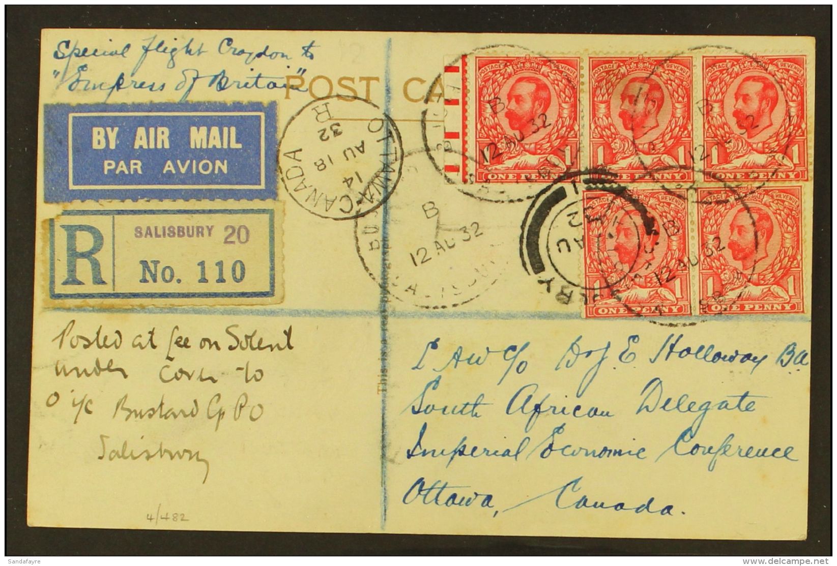 1932 CROYDON TO "EMPRESS OF BRITAIN" SPECIAL FLIGHT. (12 Aug) Registered Picture Postcard Showing H.M.S. Victory... - Altri & Non Classificati