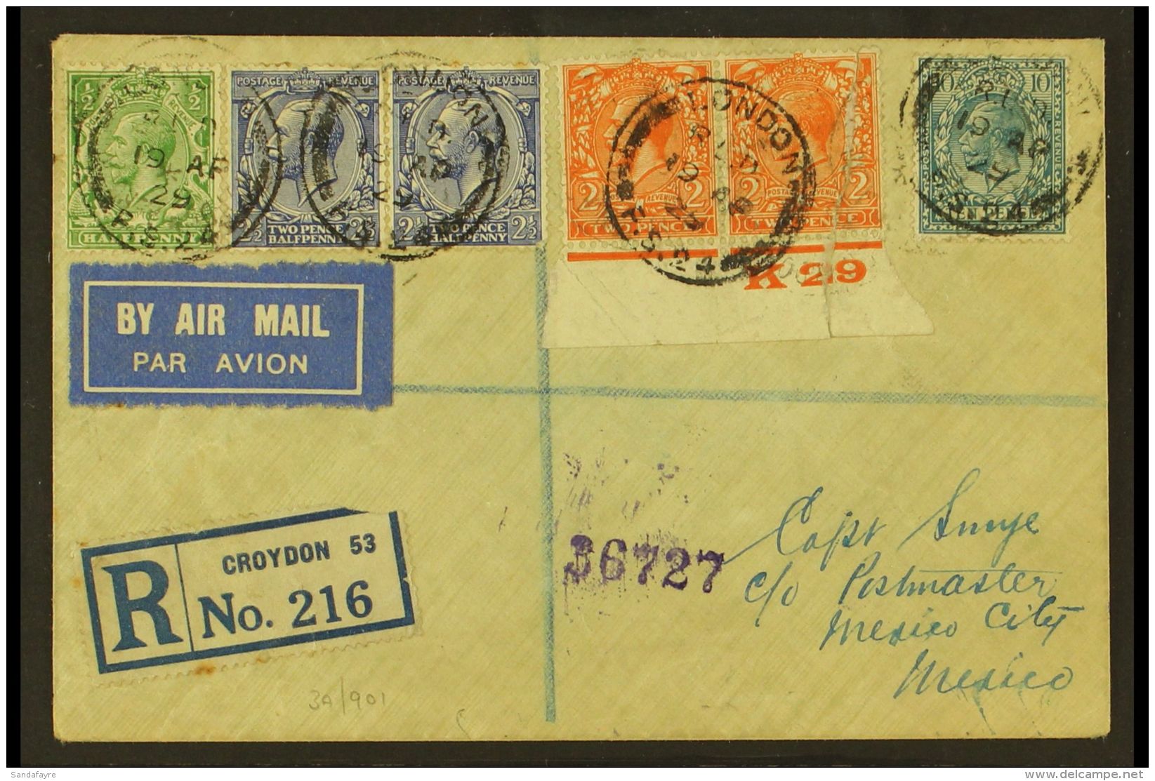 1929 FIRST AIRMAIL ACCEPTANCE TO MEXICO. (19 Apr) Airmail Registered Cover To Mexico, Bearing Six Stamps (one... - Autres & Non Classés