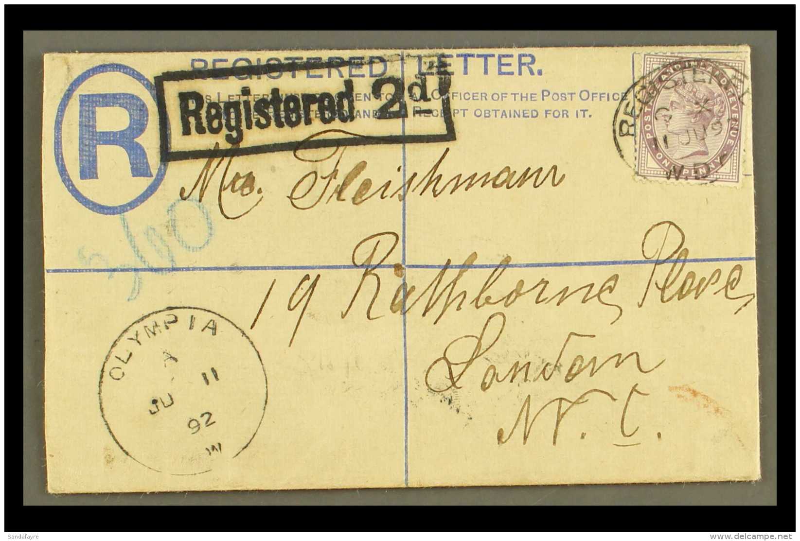 1892 FINE "OLYMPIA" SKELETON C.D.S. ON REGISTERED ENVELOPE (June) QV 2d Registered Envelope, Bearing 1d Lilac... - Altri & Non Classificati