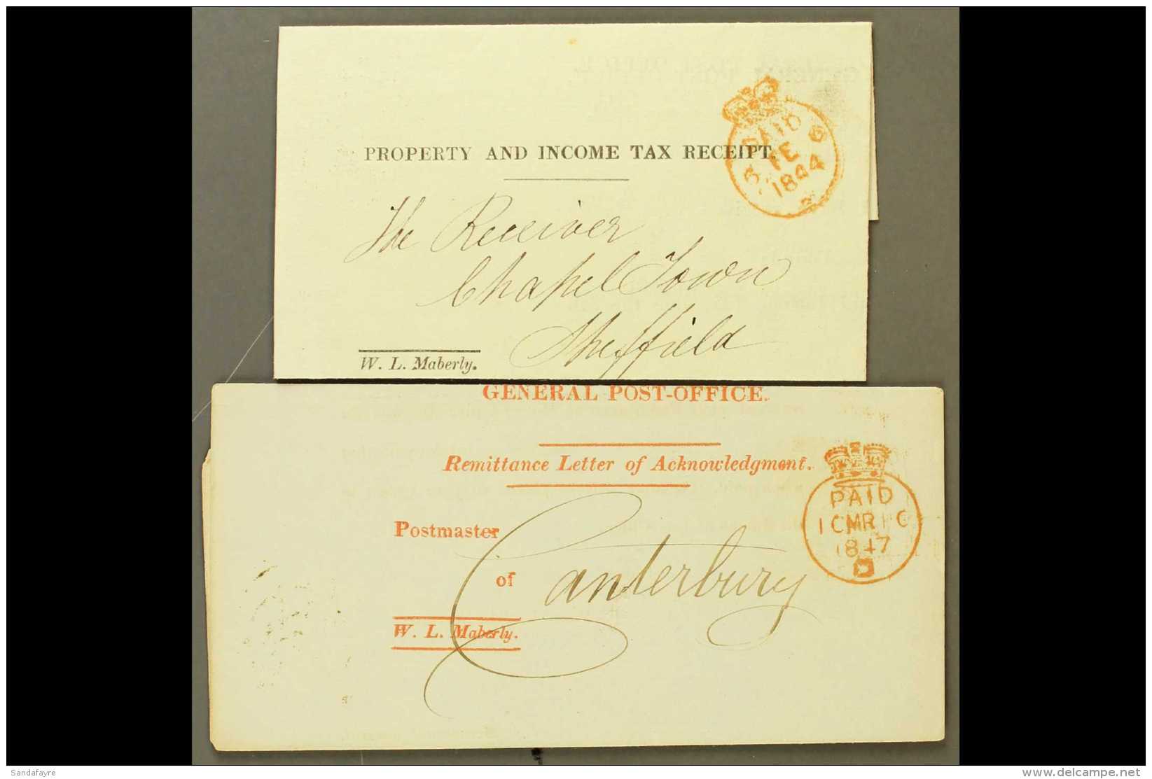 1844 &amp; 1847 W. L. MABERLY PRINTED POST OFFICE CIRCULARS WITH PAID CANCELS 1844 Property And Income Tax Receipt... - Altri & Non Classificati