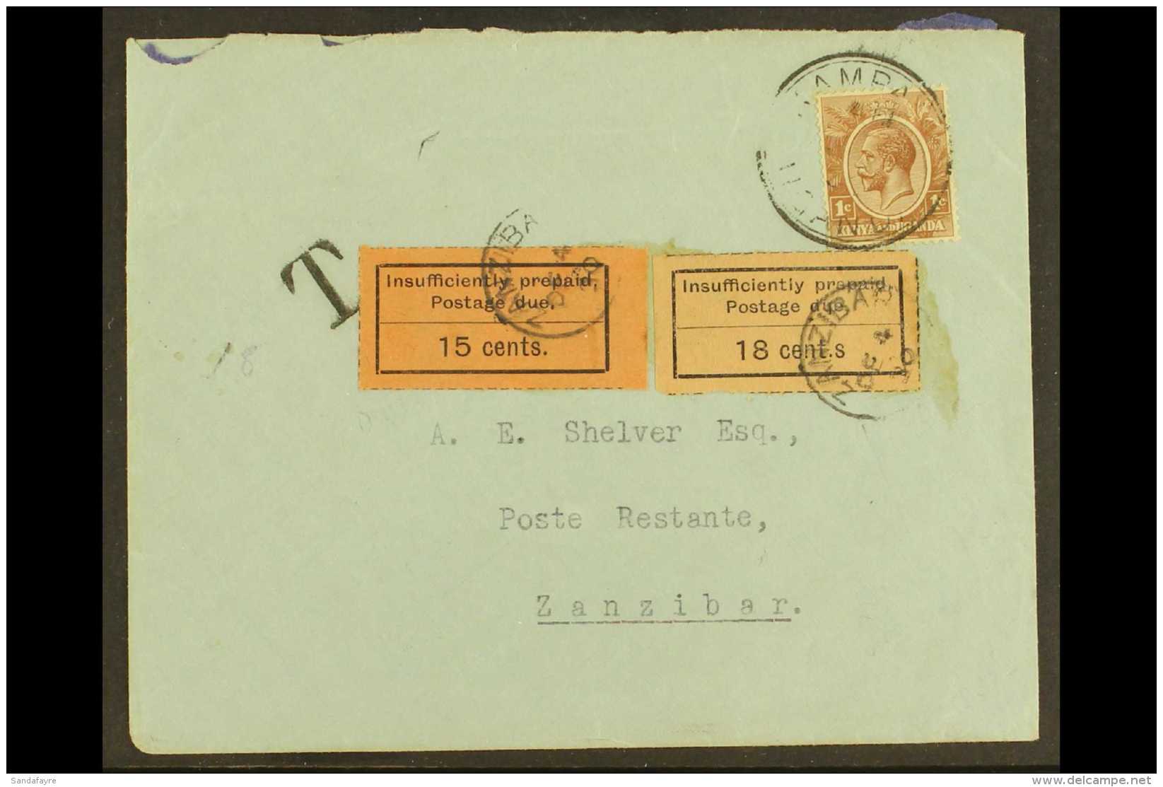 1926-30 POSTAGE DUE ERROR ON COVER Envelope From Kampala To Zanzibar, Bearing The KUT 1c Brown Tied Kampala Cds,... - Zanzibar (...-1963)