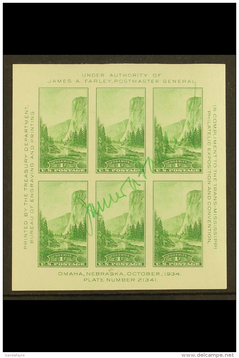 1934 1c Green Trans-Mississippi Exposition Souvenir Sheet (Scott 751), Mint, Small Thins, Personally Signed In... - Altri & Non Classificati