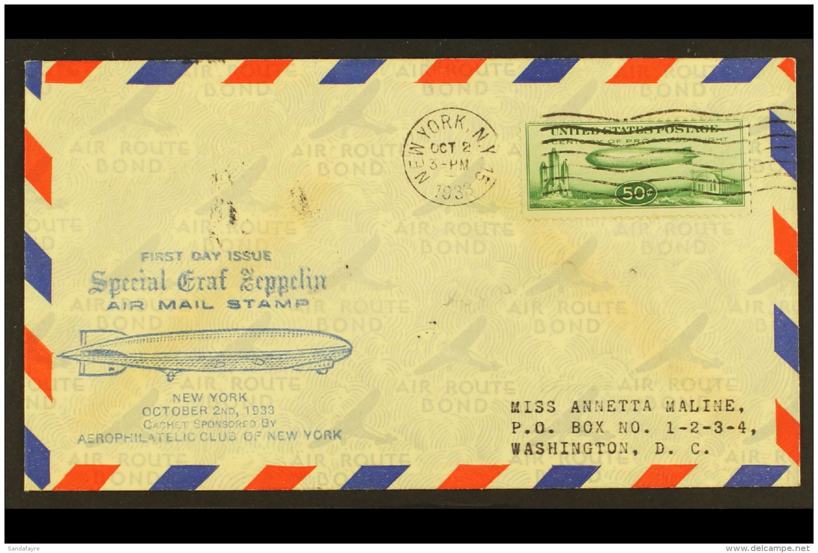 1933 (Oct 2) AIR 50c Green "Century Of Progress", Sc C18, First Day Cover With Cachet Sponsored By Aerophilatelic... - Altri & Non Classificati