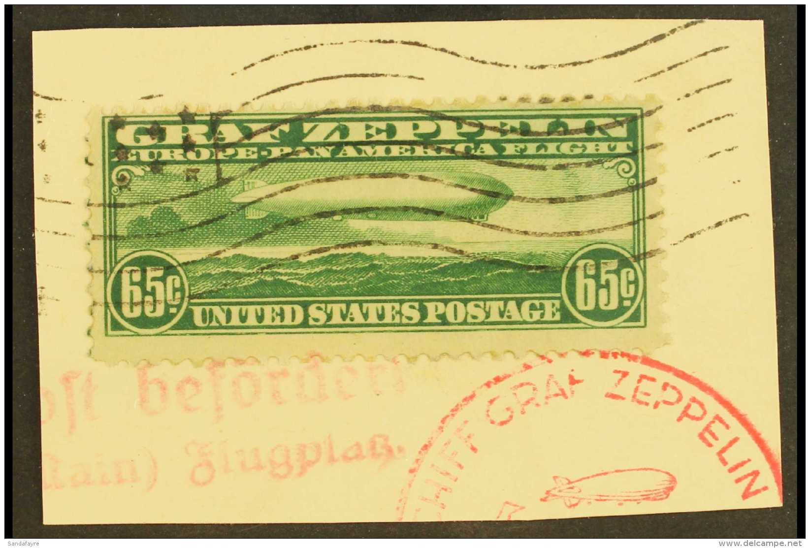 1930 AIR 65c Green Graf Zeppelin (SG A687, Sc C13), Used , Tied On Piece By Light Wavy Line Postmark And Red... - Autres & Non Classés