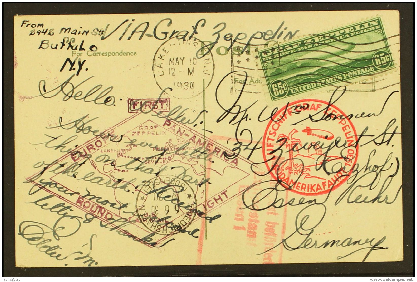 1930 (May 30) Picture Postcard Addressed To Germany Bearing AIR Graf Zeppelin 65c Green (Sc C13, SG A687) Tied By... - Altri & Non Classificati