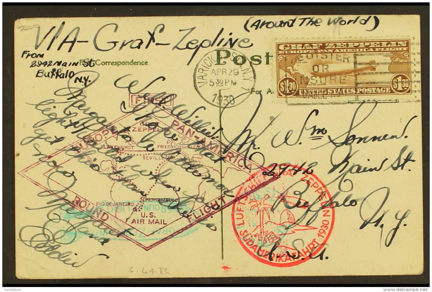 1930 (Apr 29) Picture Postcard Bearing Very Fine AIR Graf Zeppelin $1.30 Brown (Sc C14, SG A687) Tied By Slogan... - Autres & Non Classés