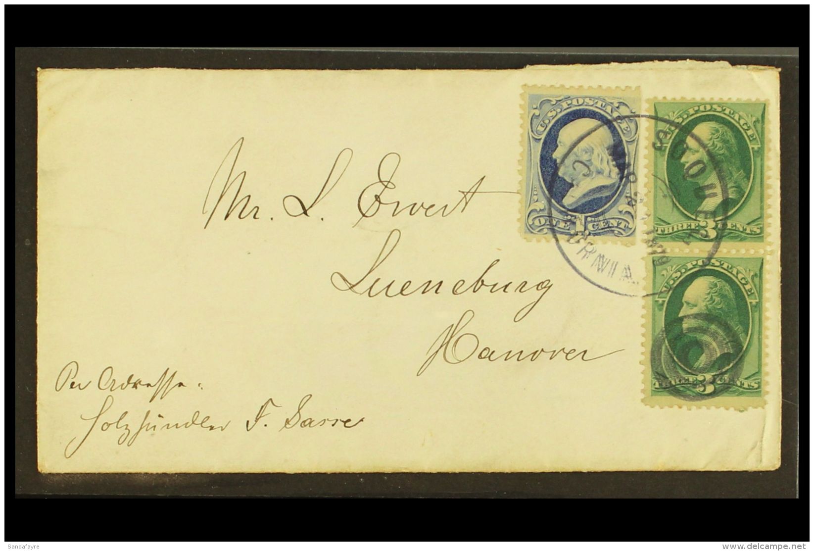 1879 (20 March) Cover Addressed To Lunenburg (Germany) Bearing 1c Blue &amp; 3c Green Pair Tied By "SOQUEL... - Autres & Non Classés