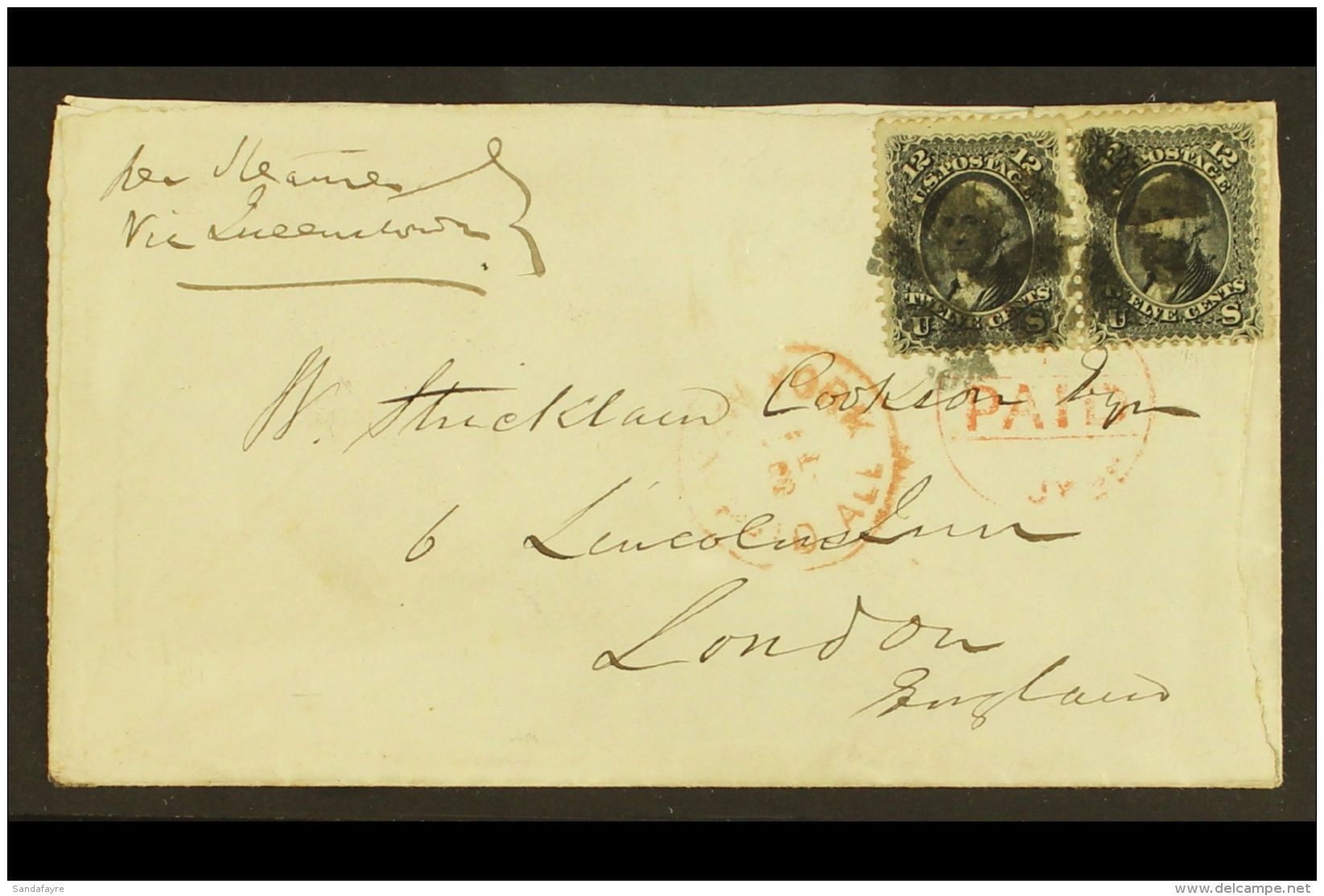 1868 (July) Cover Addressed To London, Bearing 1867 12c Black E Grill Horiz PAIR (Scott 90, SG 92) Tied By Cork... - Autres & Non Classés
