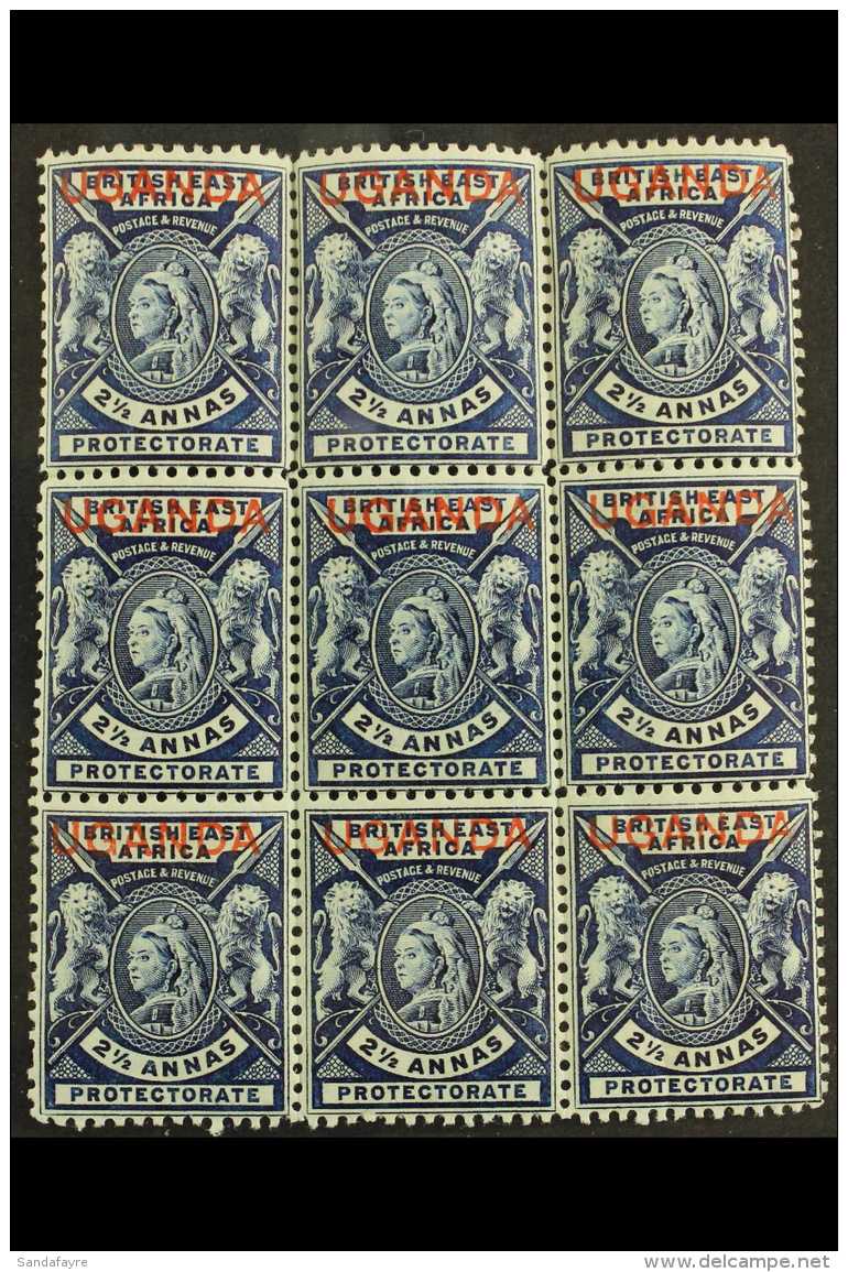 1902 2&frac12;d Deep Blue, SG 93, Mint Block Of 9 (3 X 3) Bearing "OFFSET" Red Opt Uganda To Reverse On Three... - Ouganda (...-1962)