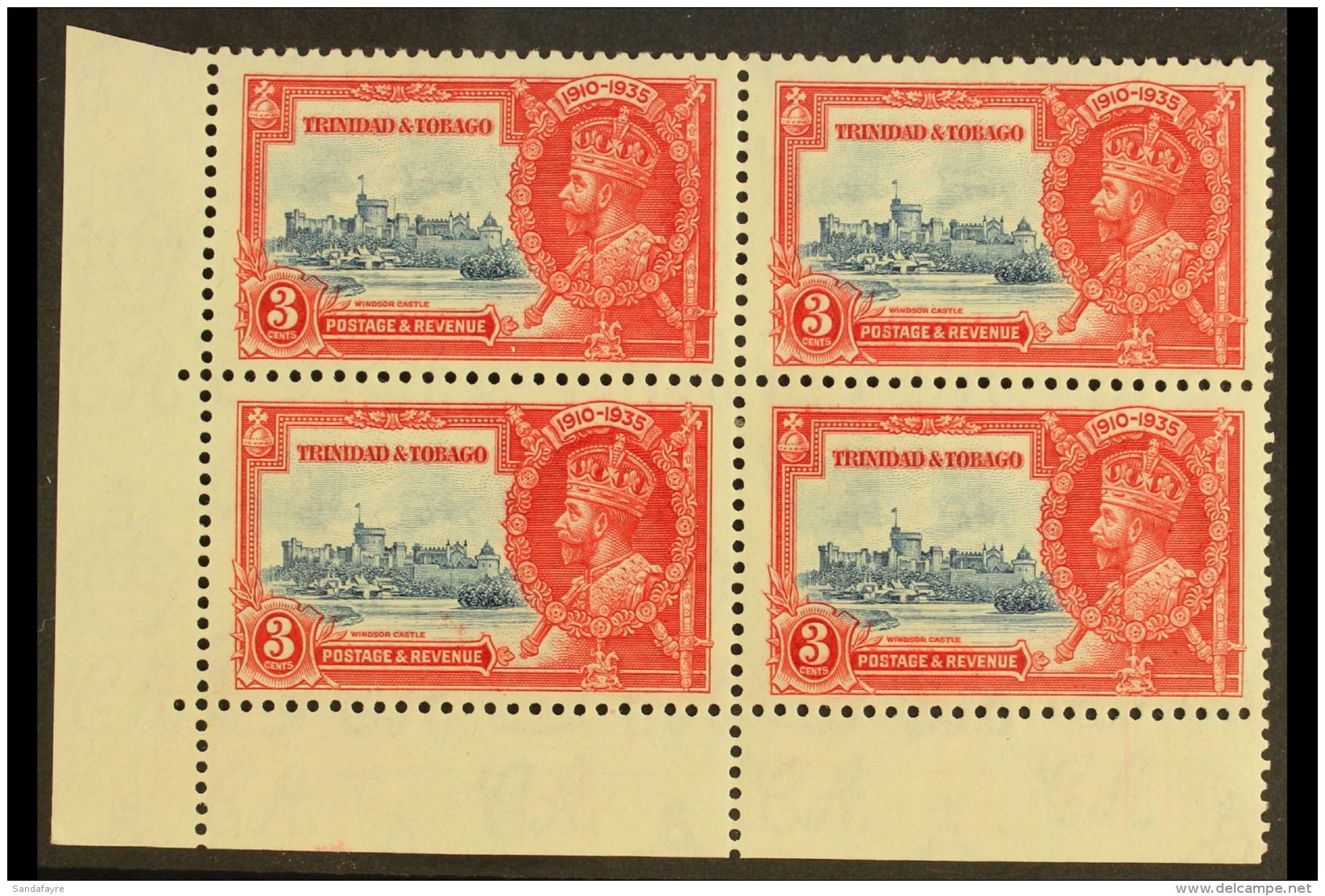 1935 3c Deep Blue And Scarlet Silver Jubilee, Bottom Corner Block Of 4, One Showing The Variety "Extra Flagstaff",... - Trinité & Tobago (...-1961)