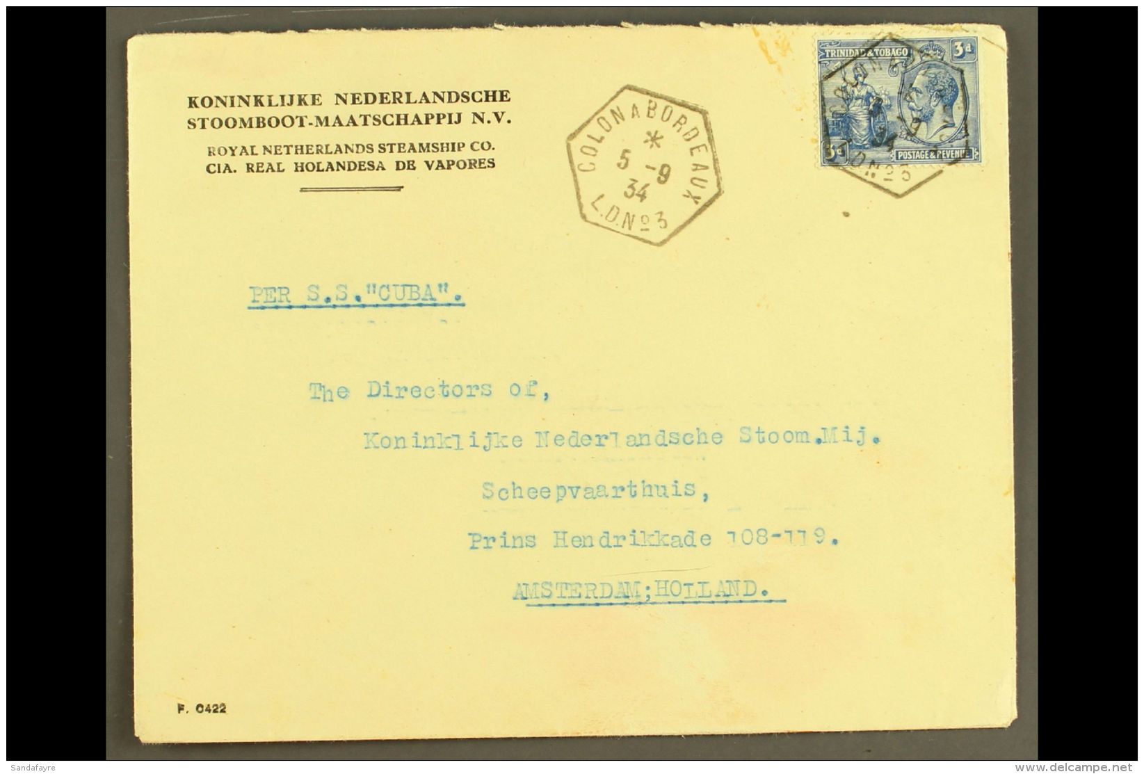 1934 (2 Sep) Printed 'Royal Netherlands Steamship Co.' Cover Addressed To Amsterdam, Bearing 1922-28 3d Stamp Tied... - Trindad & Tobago (...-1961)