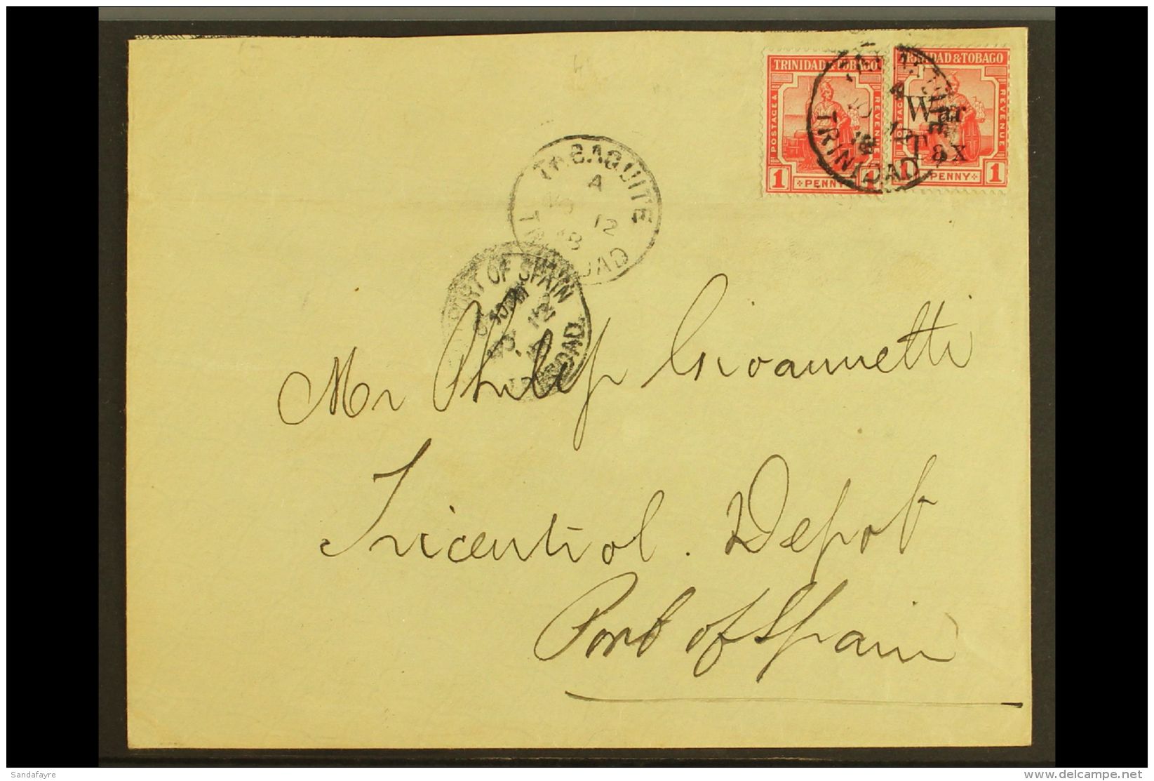 1918 (12 Nov) Cover To Port Of Spain, Bearing 1913-23 1d (SG 150) &amp; 1918 1d "War Tax" Opt (SG 189) Tied By... - Trinité & Tobago (...-1961)