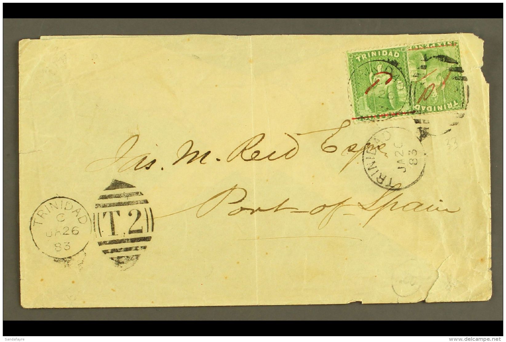 1883 (26 Jan) Cover Addressed Locally, Bearing Two Different Types Of 1882 1d On 6d Manuscript Surcharges (SG... - Trindad & Tobago (...-1961)