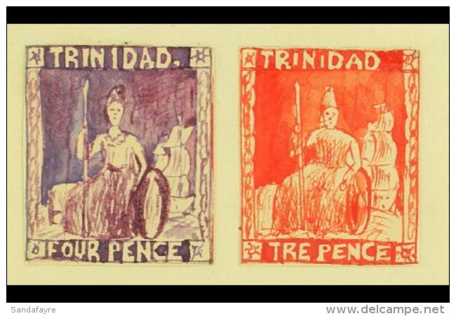 1861 HAND PAINTED STAMPS Unique Miniature Artworks Created By A French "Timbrophile" In 1861. Two Stamps Similar... - Trinité & Tobago (...-1961)