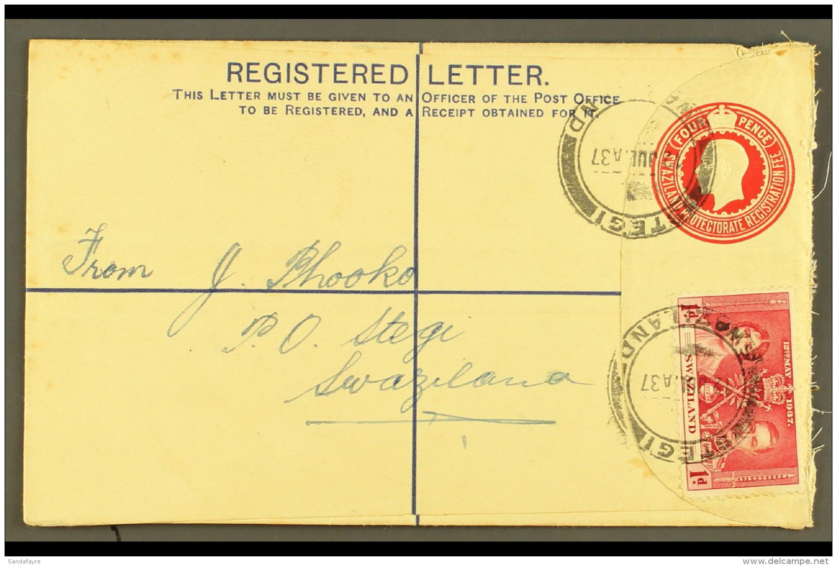POSTAL STATIONERY KGV Registered Cover, Used At Stegi, Clear 12.7.37 Postmarks, Sent To Pretoria, 1d KGVI... - Swasiland (...-1967)