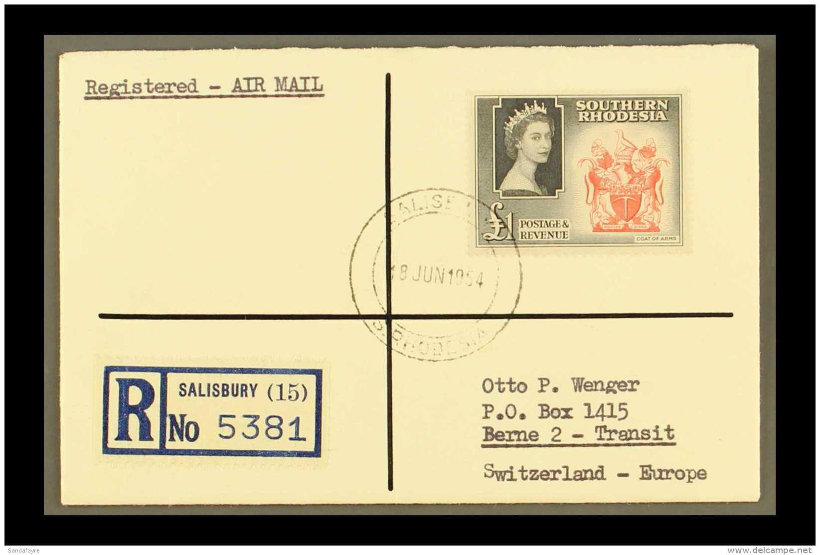 1953 QEII &pound;1 Rose-red &amp; Black On Neat, Registered Cover To Switzerland, SG 91, Light &amp; Clear... - Rhodésie Du Sud (...-1964)